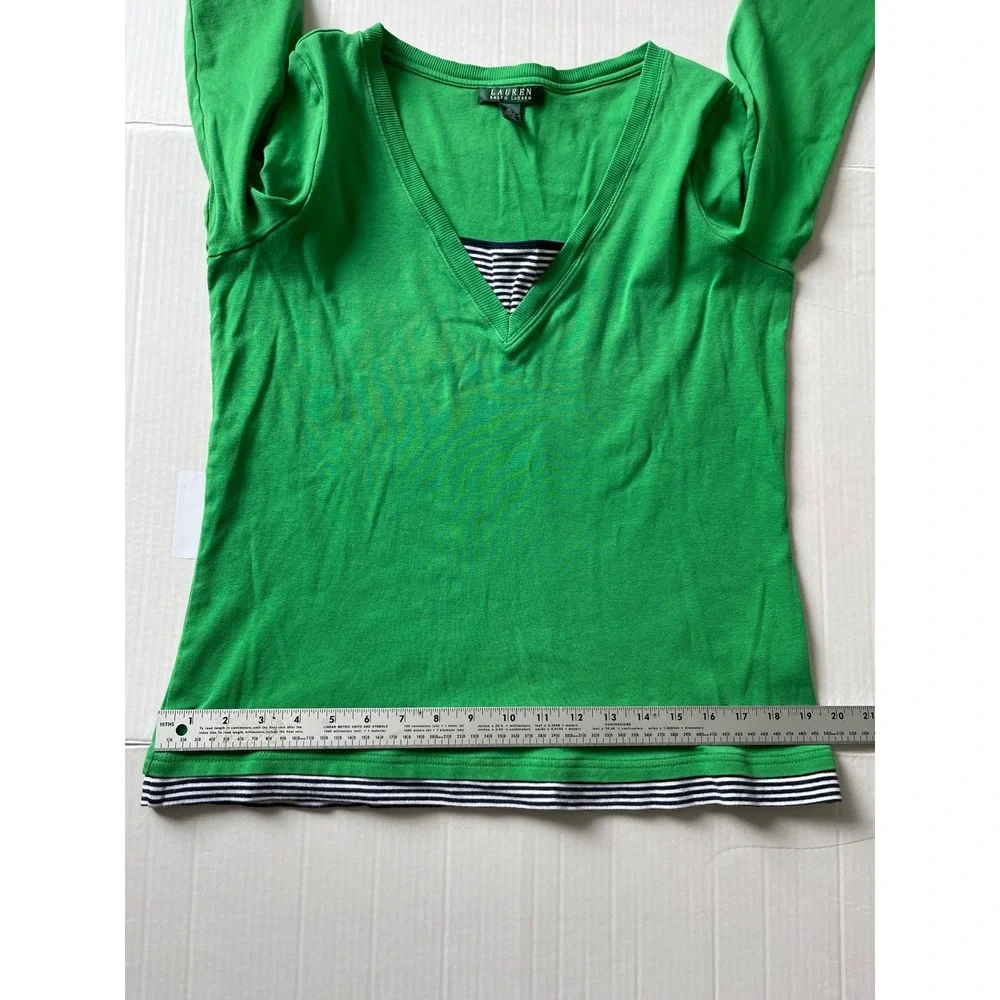 Lauren Ralph Lauren Green V‎ Neck Layered Top XL Cotton